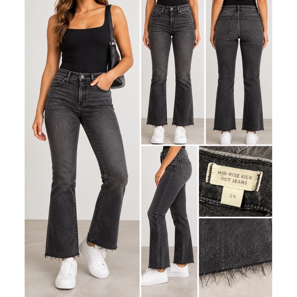 Madewell Mid-Rise Kick Out Jeans Faded Black Raw Hem Size 26